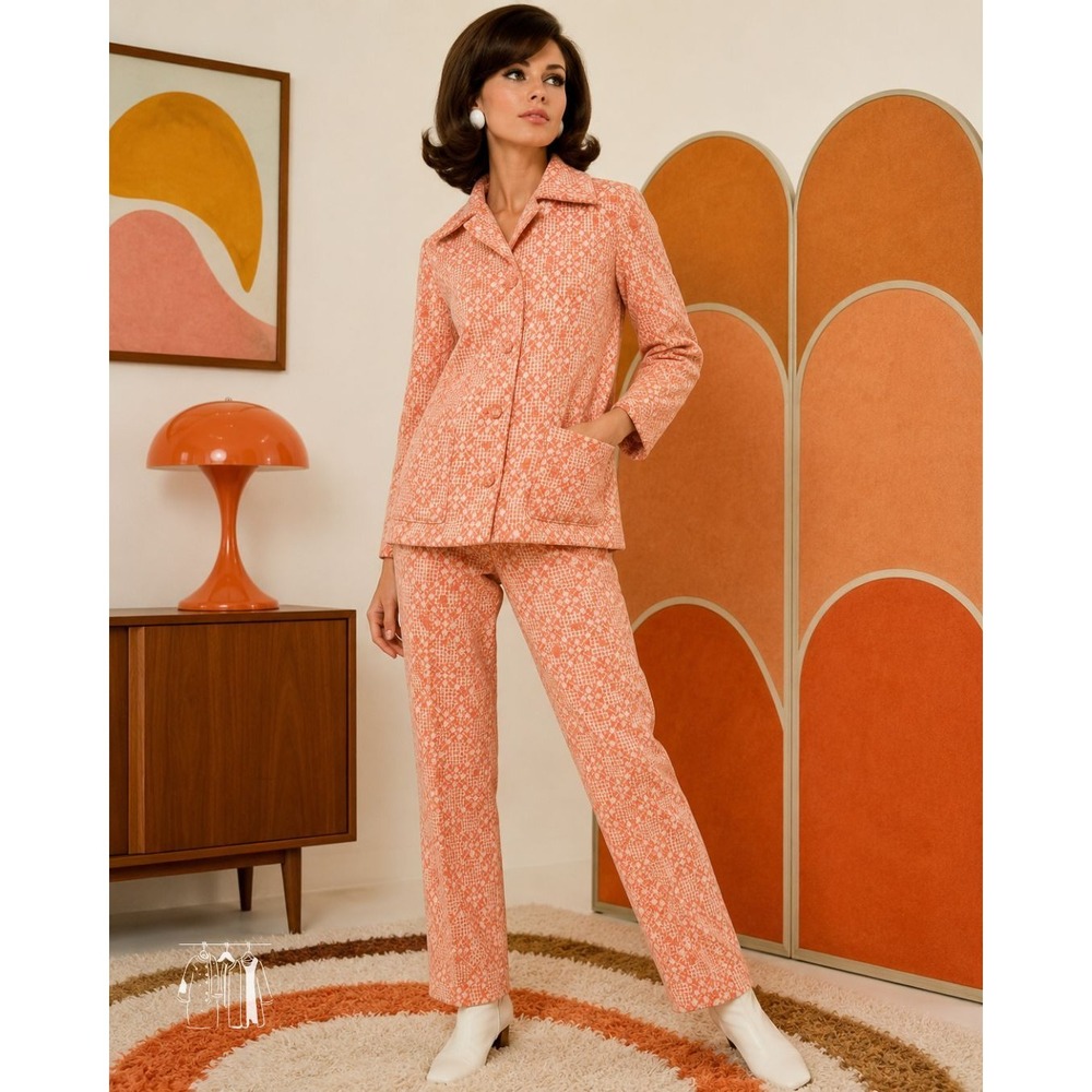 Vintage 60s 70s Mod Pantsuit Coral Geometric 2 Piece Jacket Pants Retro